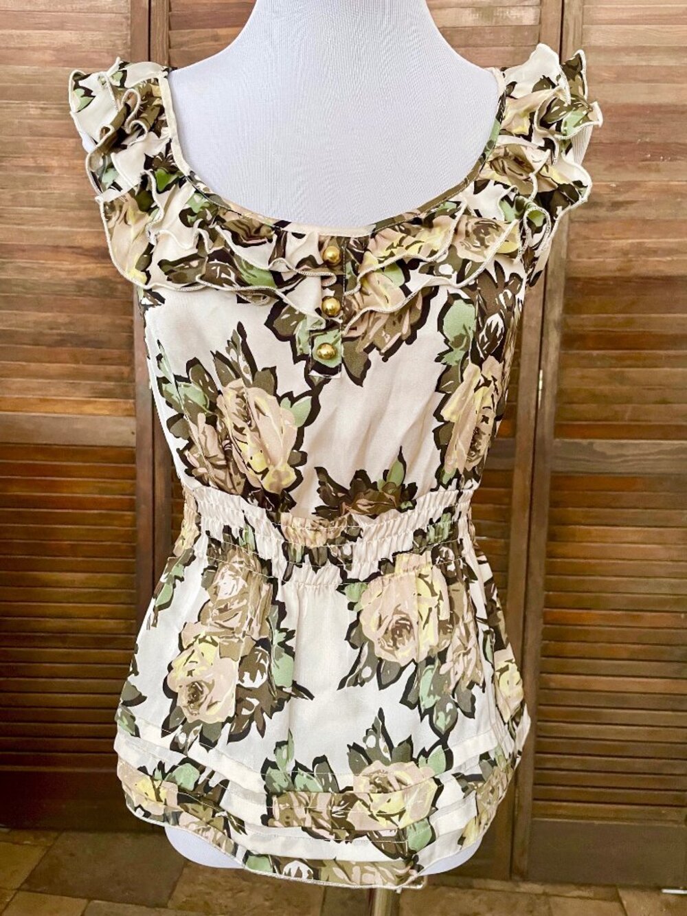 CANDIE'S BEIGE FLORAL ROSES RUFFLE SLEEVELESS DRESS SHIRT TOP BLOUSE CANDIES XS